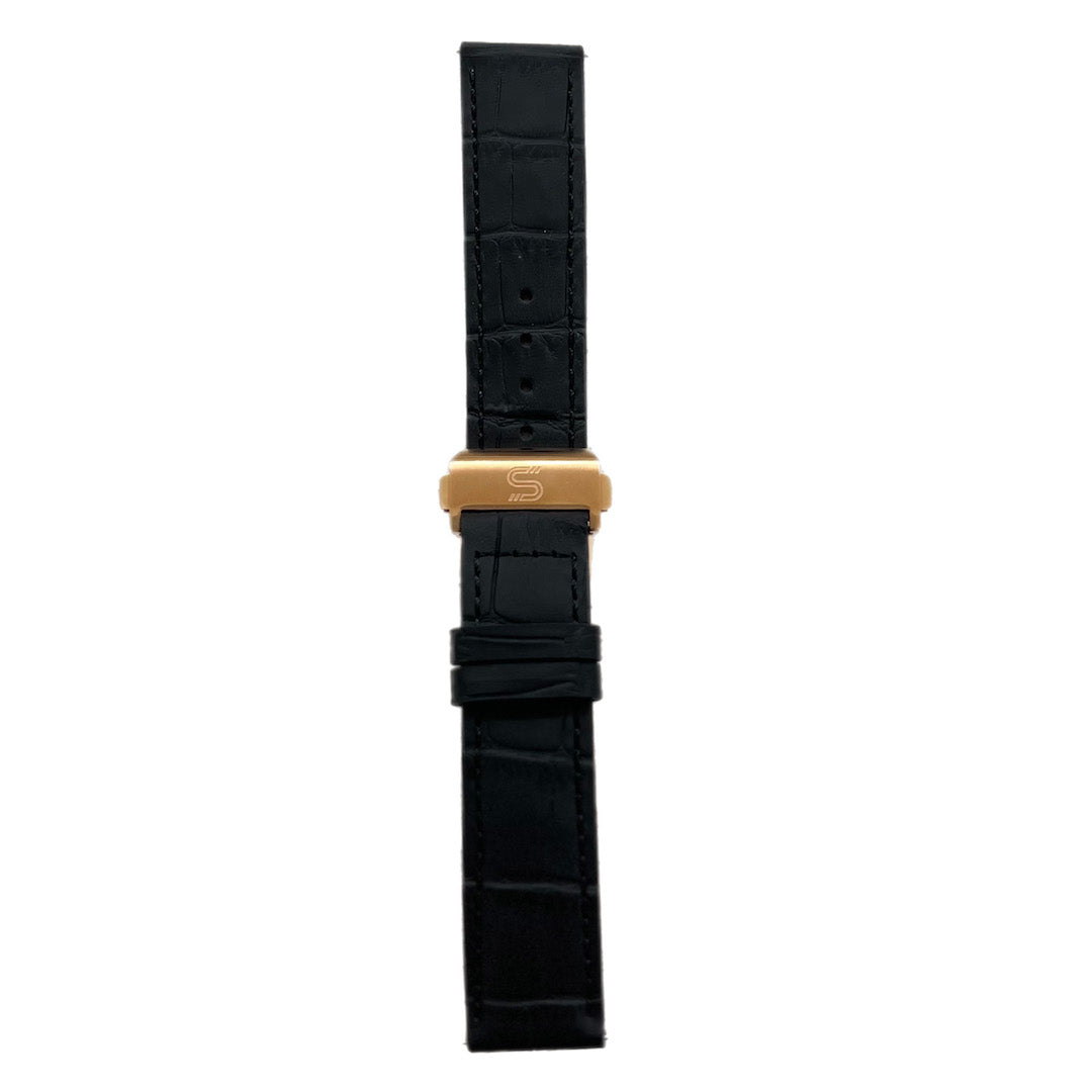 Black leather strap with rose gold deployment clasp