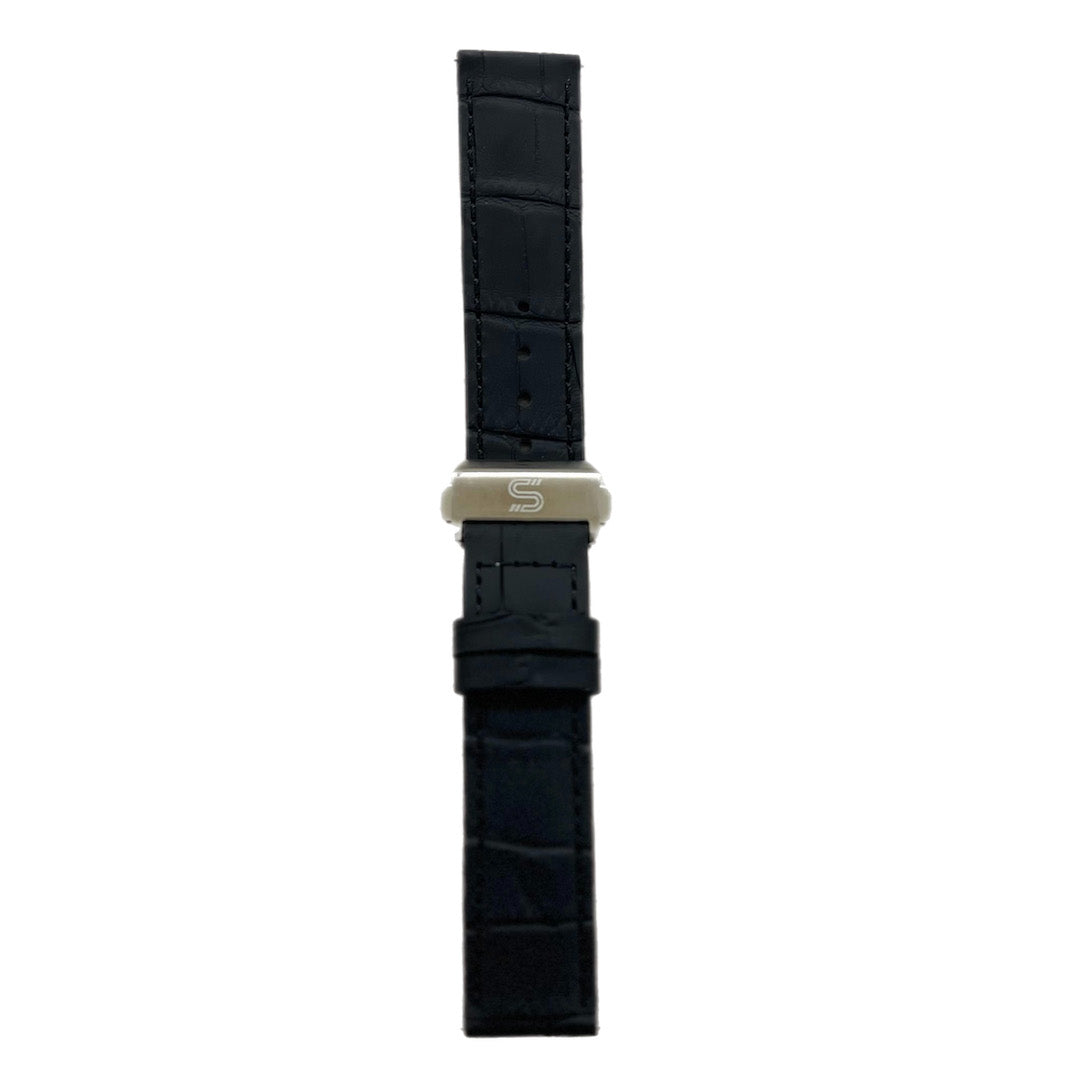 SOVRYGN Black leather strap with silver deployment clasp