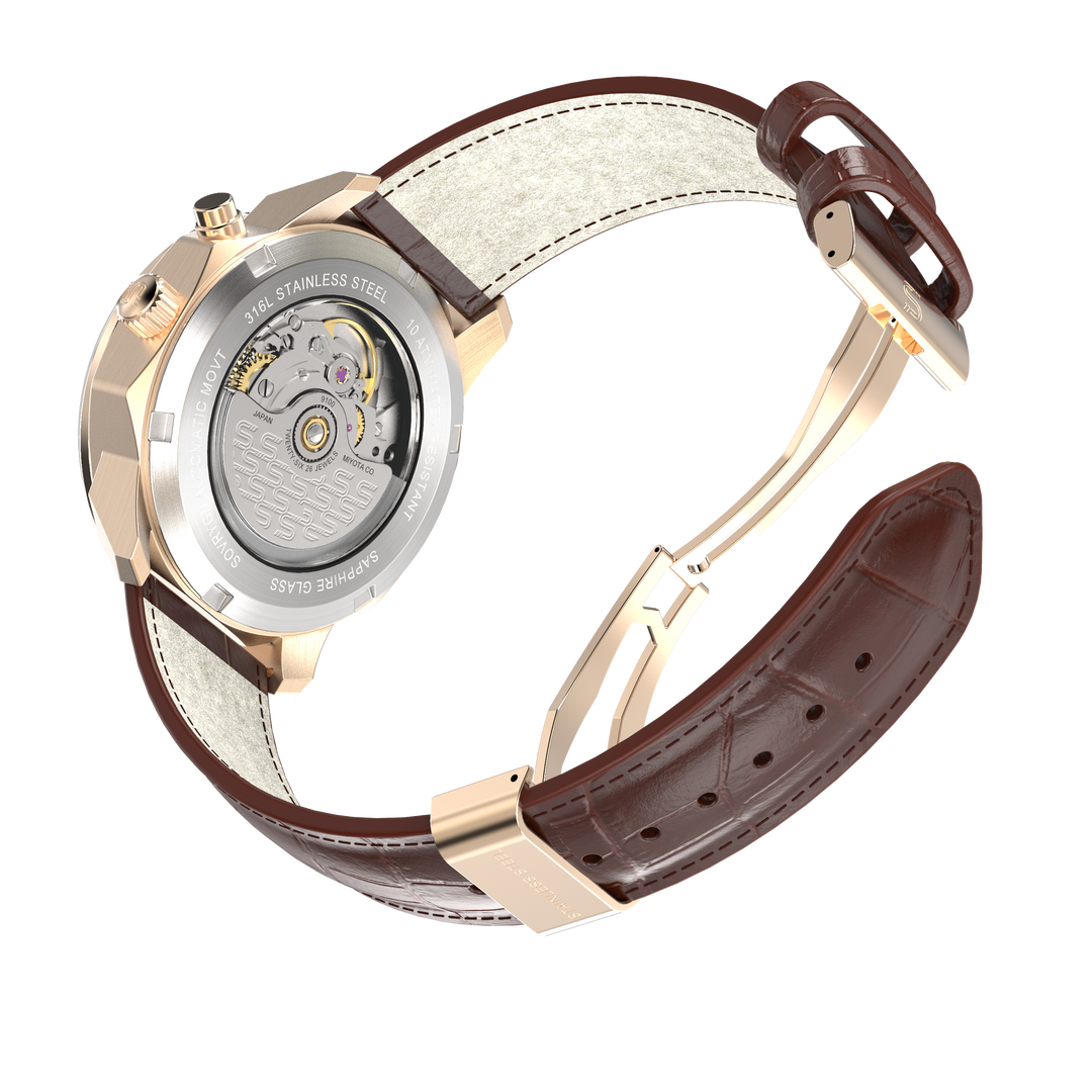 SOVRYGN Brown leather strap with rose gold deployment clasp