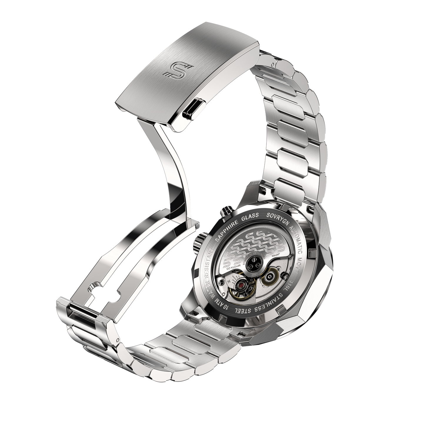 SOVRYGN Calendar Panda wristwatch for men showing the exhibition case back